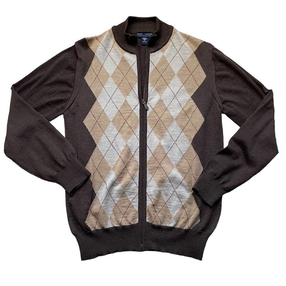 Grant Thomas Argyle Sweater Size S Brown Merino Wool Mens Full Zip Italian